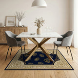 Navy Blue Golden Seashell Area Rug with Ornate Border