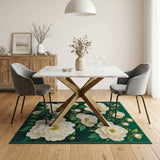 Green Emerald Green White Peony Floral Area Rug