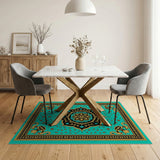 Teal Persian Mandala Area Rug with Gold Accents
