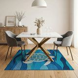 Blue and Teal Sea Turtle Ocean Waves Blue Area Rug