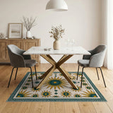Teal Gold Sunburst Tribal Area Rug