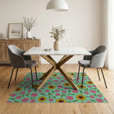 Vibrant Teal Sunflower Pink Floral Area Rug