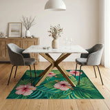 Teal Hibiscus Palm Leaves Coastal Area Rug