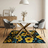 Vibrant Yellow Floral Teal Leaves Black Area Rug