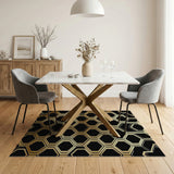 Gold Hexagon Geometric Area Rug on Black