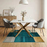 Teal Geometric Modern Area Rug with Gold Accents