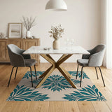 Teal Leaf Floral Damask Area Rug