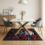 ODIKA Gothic Skull and Red Roses Washable Area Rug - Non-Slip Low-Pile Home Decor