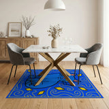 Whimsical Blue Cartoon Cat Area Rug with Yellow Lanterns
