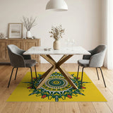 Vibrant Yellow Mandala Rug with Green Tulips Red Accents