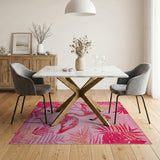 Coastal Beach Vibrant Pink Flamingo Palm Leaf Area Rug