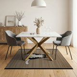 Adorable Black White Cat on Beige Striped Rug