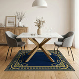 Navy Blue Ornate Gold Border Area Rug