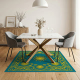 Ornate Teal Sunflower Floral Area Rug