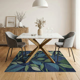 Navy Blue Leaf Teal Area Rug