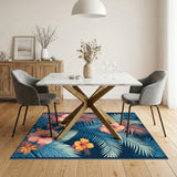 Blue Teal Hibiscus Washable Area Rug