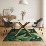 Emerald Green Monstera Palm Leaf Rug with Gold Geometry