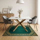 Green Ornate Gold Border Emerald Green Area Rug