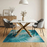 ODIKA Washable Teal Tropical Palm Leaf Area Rug - Low Pile Non-Slip Rug