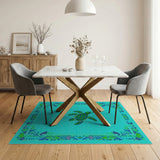 Coastal Beach Blue and Teal Teal Sea Turtle Coastal Area Rug
