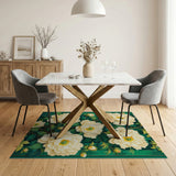 Lush White Peony Blooms Emerald Green Area Rug