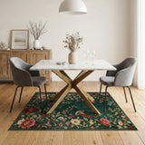 Emerald Green Vintage Floral Bird Rug