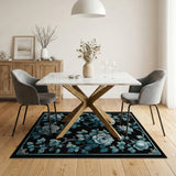 Elegant White Roses Teal Leaves Black Area Rug