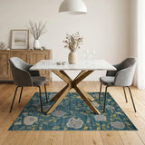 Teal Floral Vintage Area Rug with Yellow Blooms