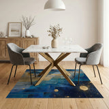 Geometric Blue Night Sky Area Rug with Gold Moon