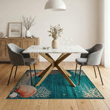 Teal Coastal Seashell Coral Beach Rug