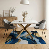Washable Modern Fluid Art Navy Blue and Gold Low Pile Area Rug