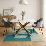 Teal Ivory Curved Geometric Area Rug