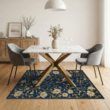 Navy Blue Peony Bird Berry Floral Rug