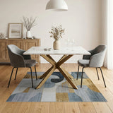 Modern Blue Teal Gold Curved Geometric Area Rug