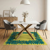 Vibrant Yellow Area Rug with Teal Leaf Border