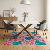 Playful Teal Cats Red Flowers Pink Area Rug