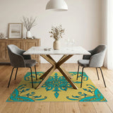 Teal Mandala Persian Area Rug on Yellow