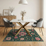 Vintage Green Peony Floral Area Rug