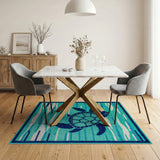 Teal Sea Turtle Wave Coastal Area Rug