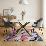 Pink Coastal Beach Pink Flamingo Palm Leaf Area Rug