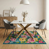 Vibrant Pink Yellow Floral Teal Area Rug