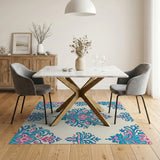 Teal Pink Ornate Floral Damask Rug