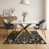 Gold Mandala Floral Area Rug on Black
