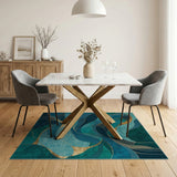Blue and Teal Teal Gold Abstract Wave Area Rug
