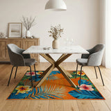 Vibrant Orange Hibiscus Palm Leaf Area Rug