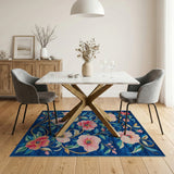 Navy Blue Pink Peony Floral Area Rug