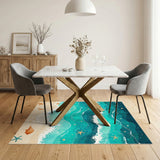 Coastal Beach Washable Area Rug with Ocean Waves and Starfish