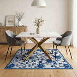 ODIKA Blue and White Vintage Floral Machine Washable Rug - Low Pile Non-Slip Area Rug