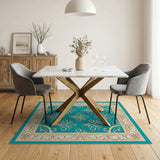 Teal Persian Floral Area Rug with Gold Border