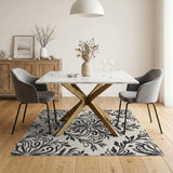 Black White Damask Floral Area Rug